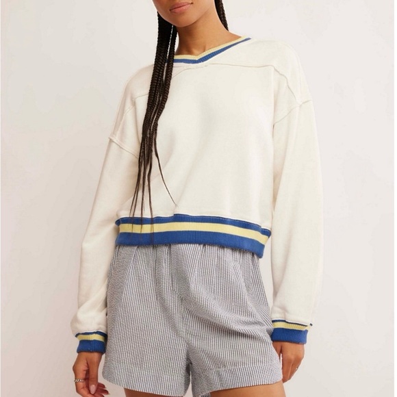 $98 Free People Rio Stripe Hem Sweatshirt, Women's Cream and Blue V-Neck Top - Picture 1 of 7